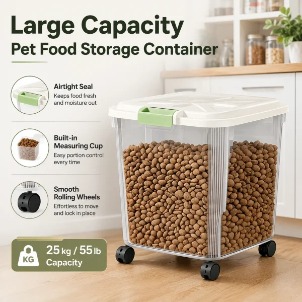55Lbs Airtight Pet Food Storage Container with Wheels,