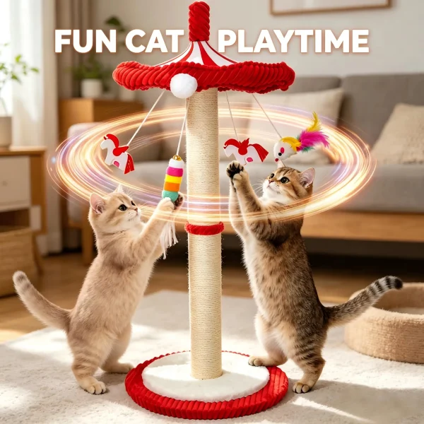 39“ Tall Carousel Cat Scratching Post with Hanging Toys Cat Tree Tower with Rotating Top 17.7" Stable Base